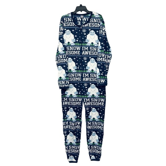 Dec 25th Abominable Snowman Blue Christmas One Piece Pajama Suit Adult Size L - Picture 1 of 5